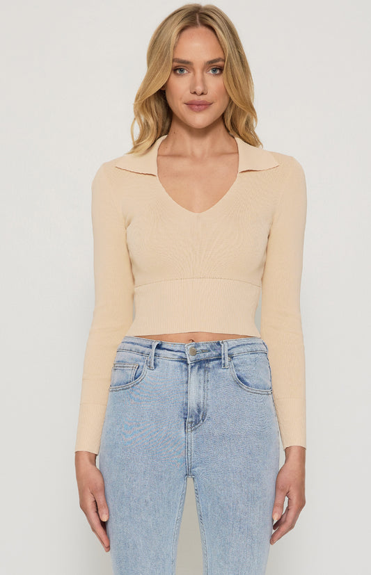 COLLARED KNIT TOP- CREAM