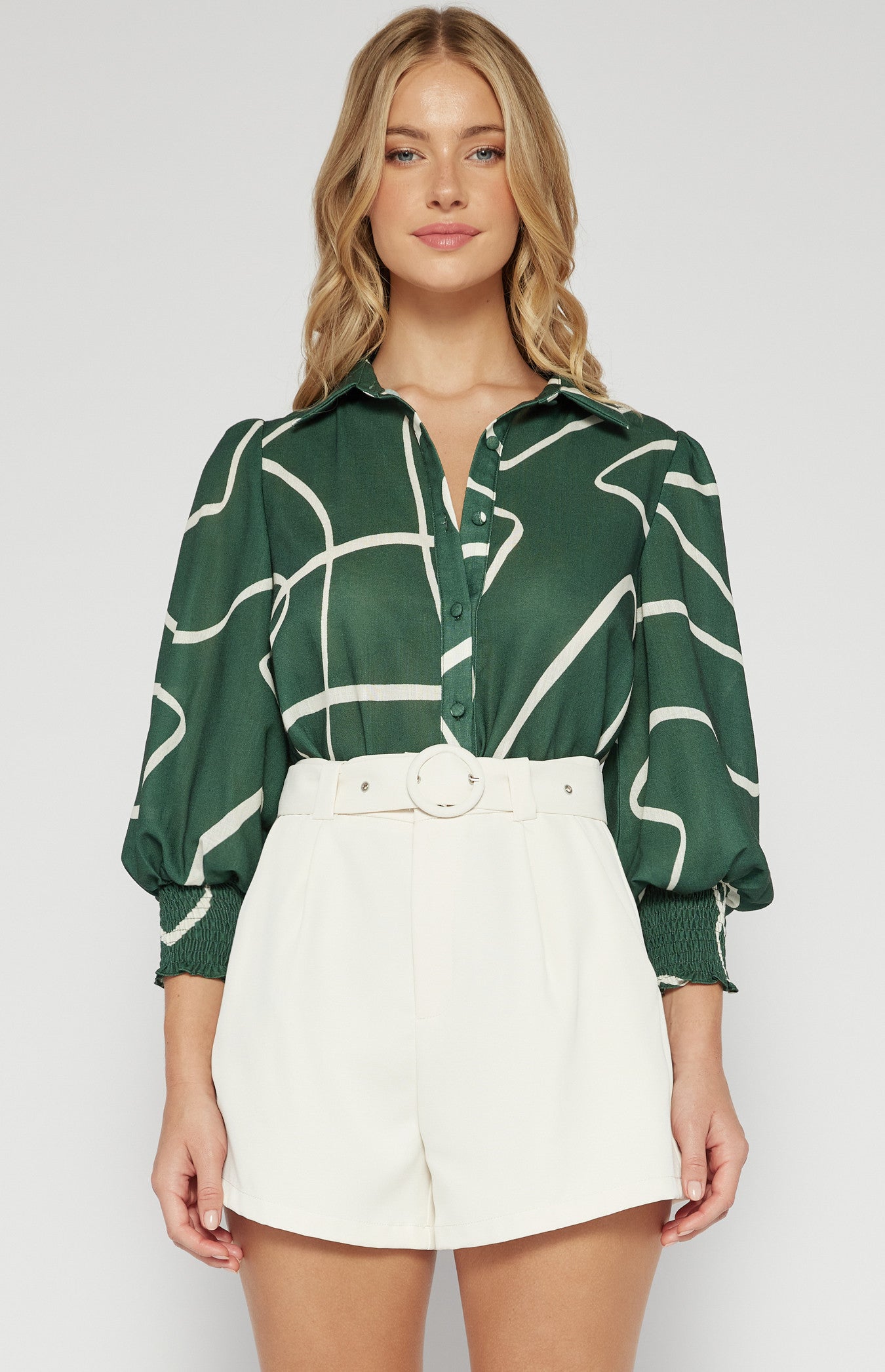 Shirred sleeve shirt green abstract