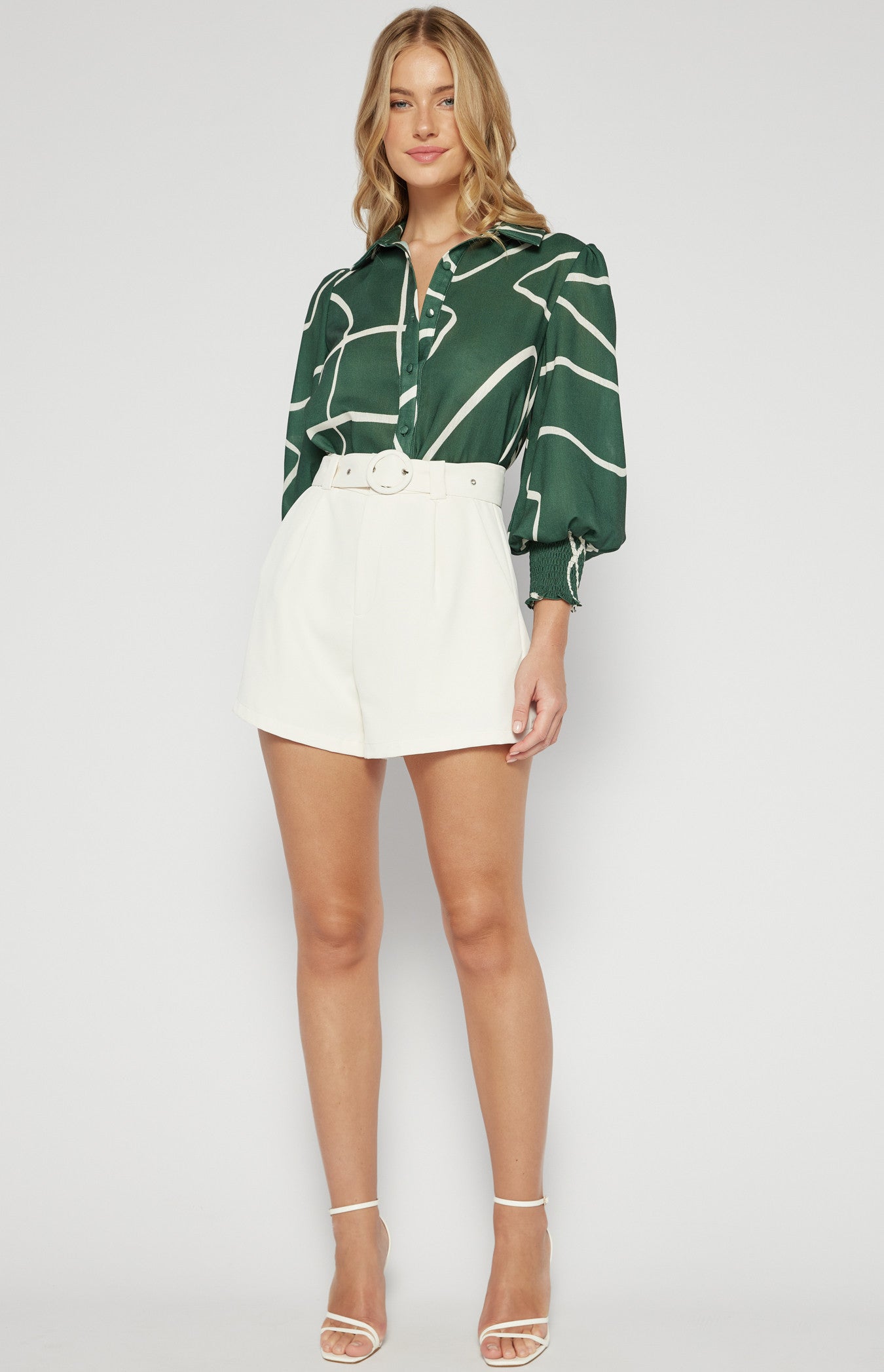 Shirred sleeve shirt green abstract