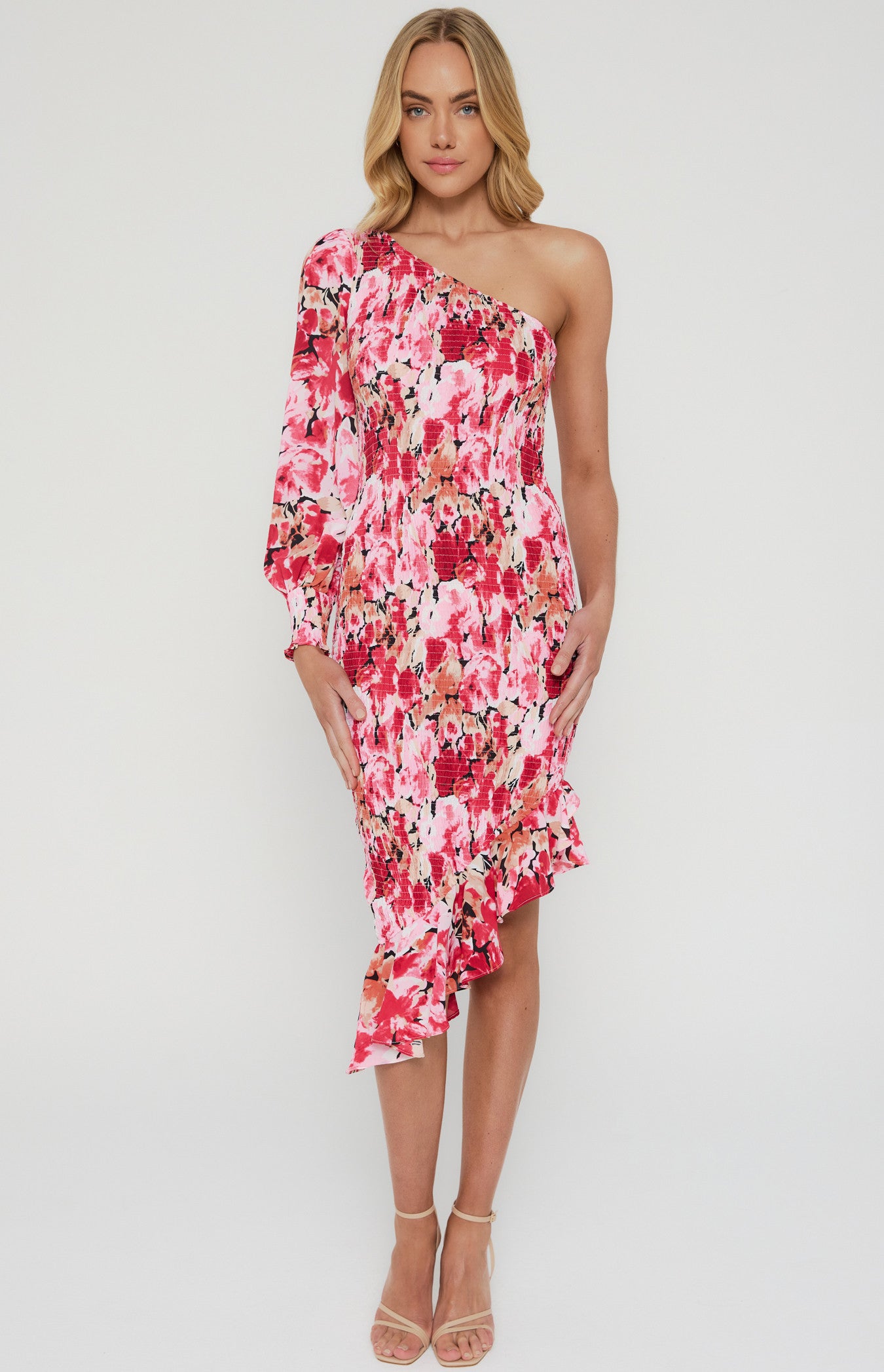 STYLE STATE Floral One Shoulder Shirred Midi Dress