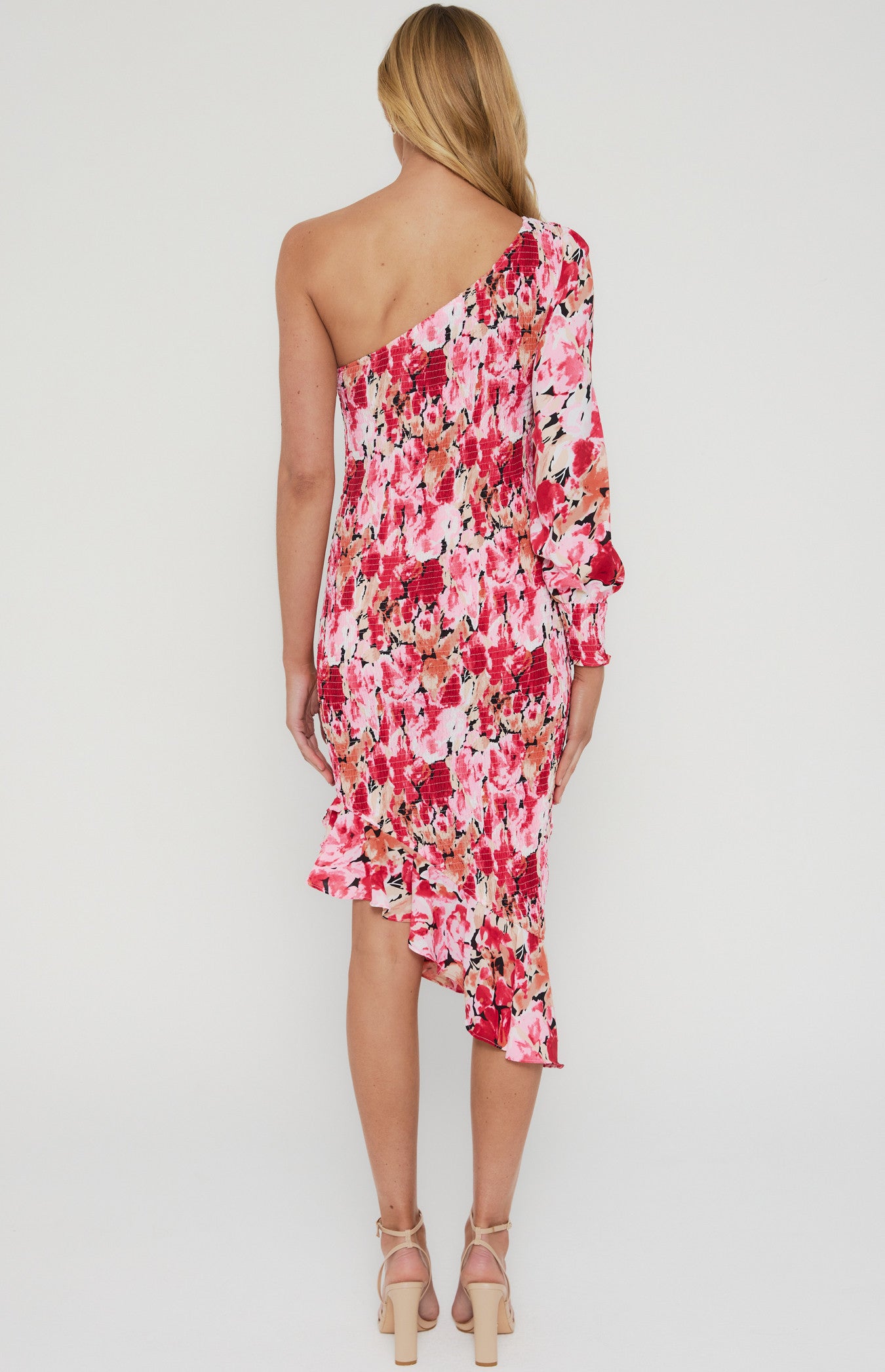 STYLE STATE Floral One Shoulder Shirred Midi Dress