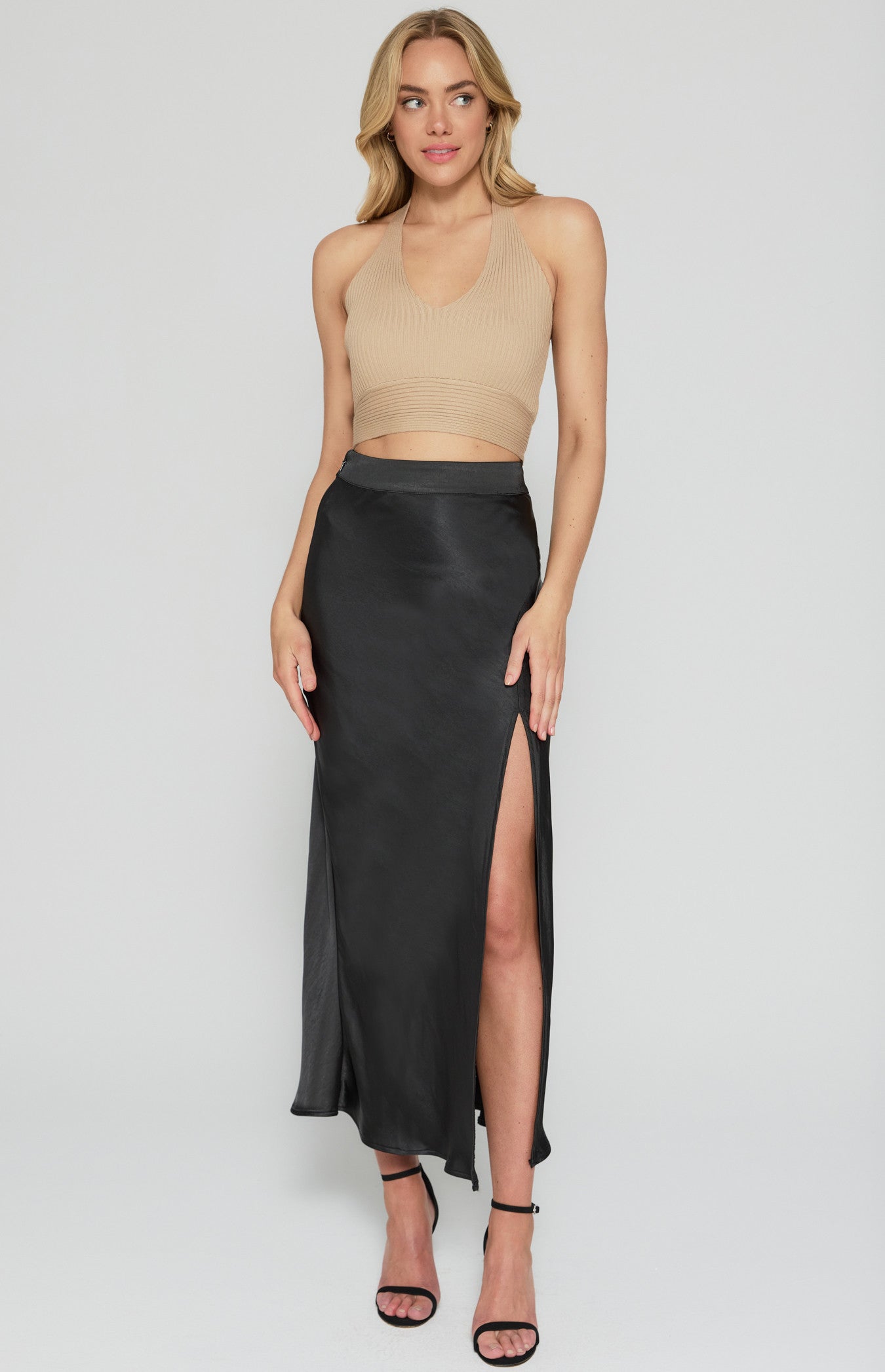 STYLE STATE Satin Midi Skirt with Front Split Details