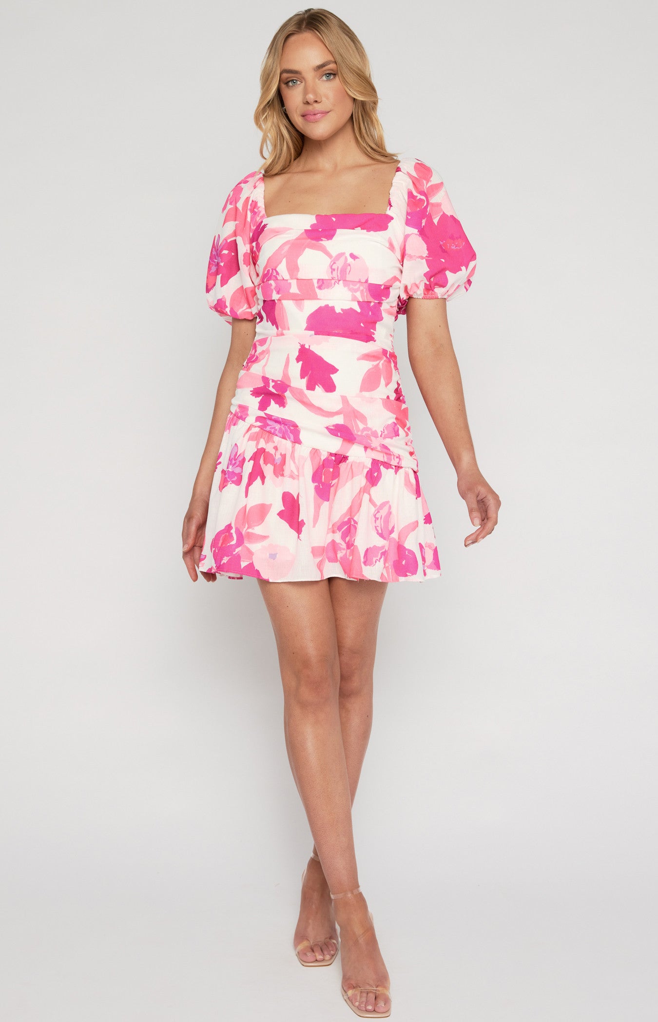 WINNIE & CO. Faux Linen Floral Print Mini Dress