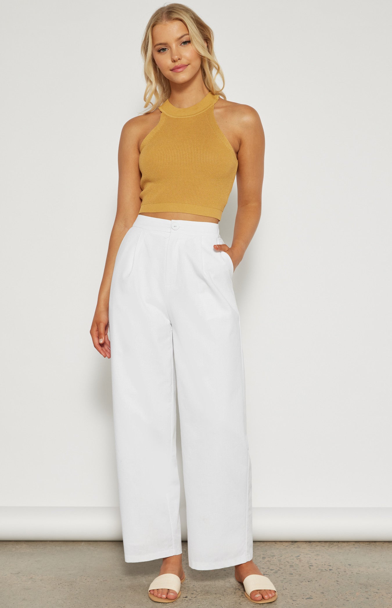 Linen Blend Wide Leg Pant/White