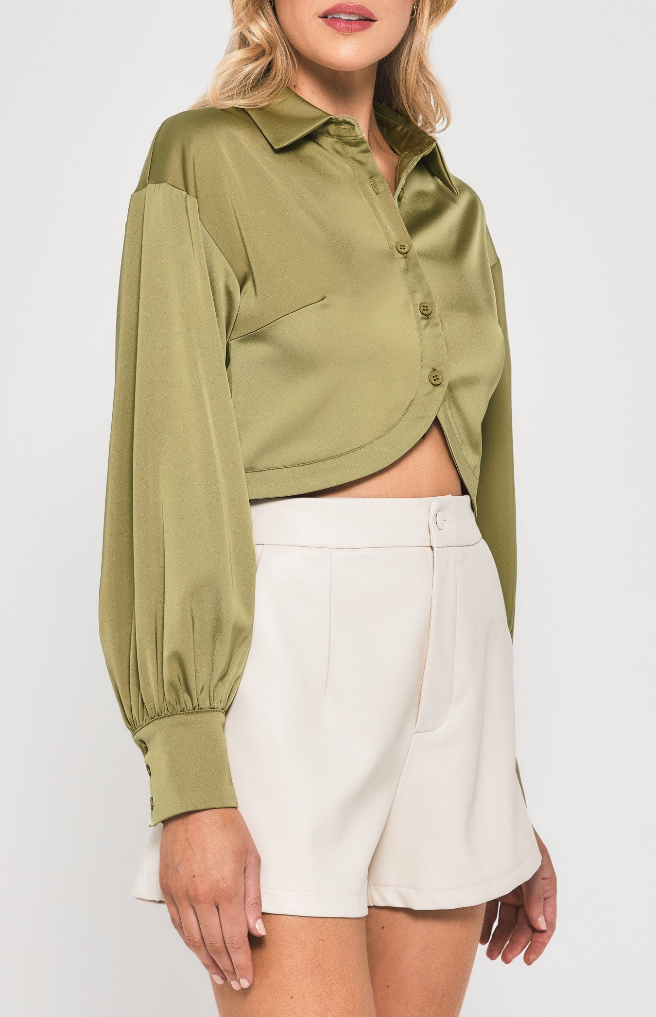 WINNIE & CO. Curved Hem Cropped Satin Shirt