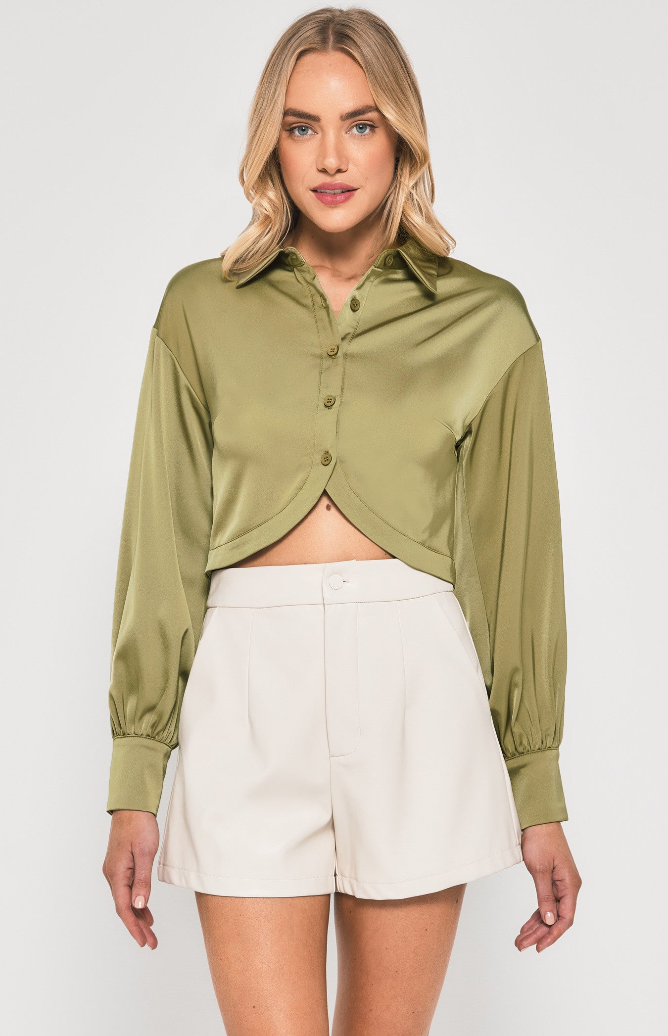 WINNIE & CO. Curved Hem Cropped Satin Shirt