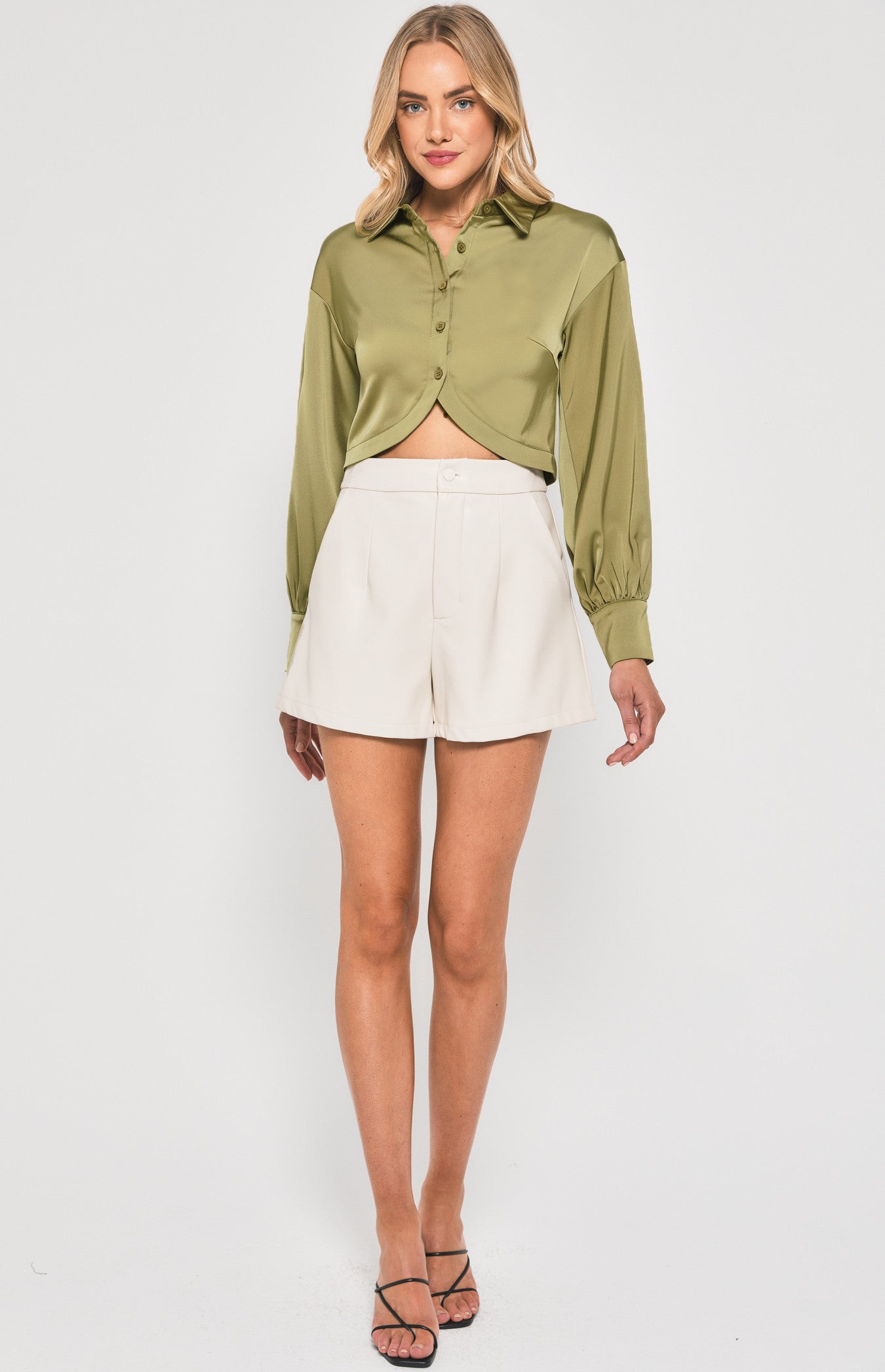 WINNIE & CO. Curved Hem Cropped Satin Shirt