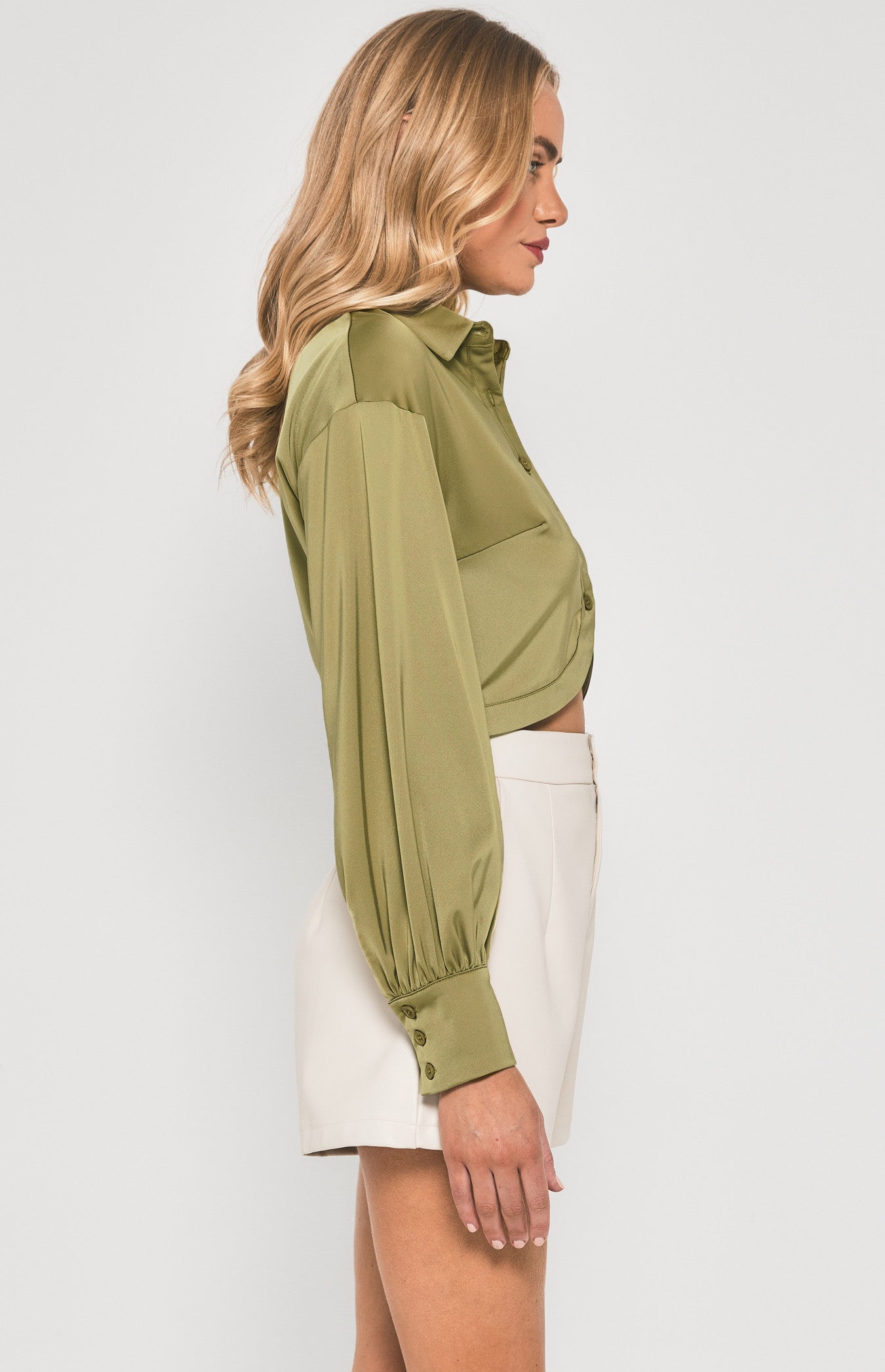 WINNIE & CO. Curved Hem Cropped Satin Shirt