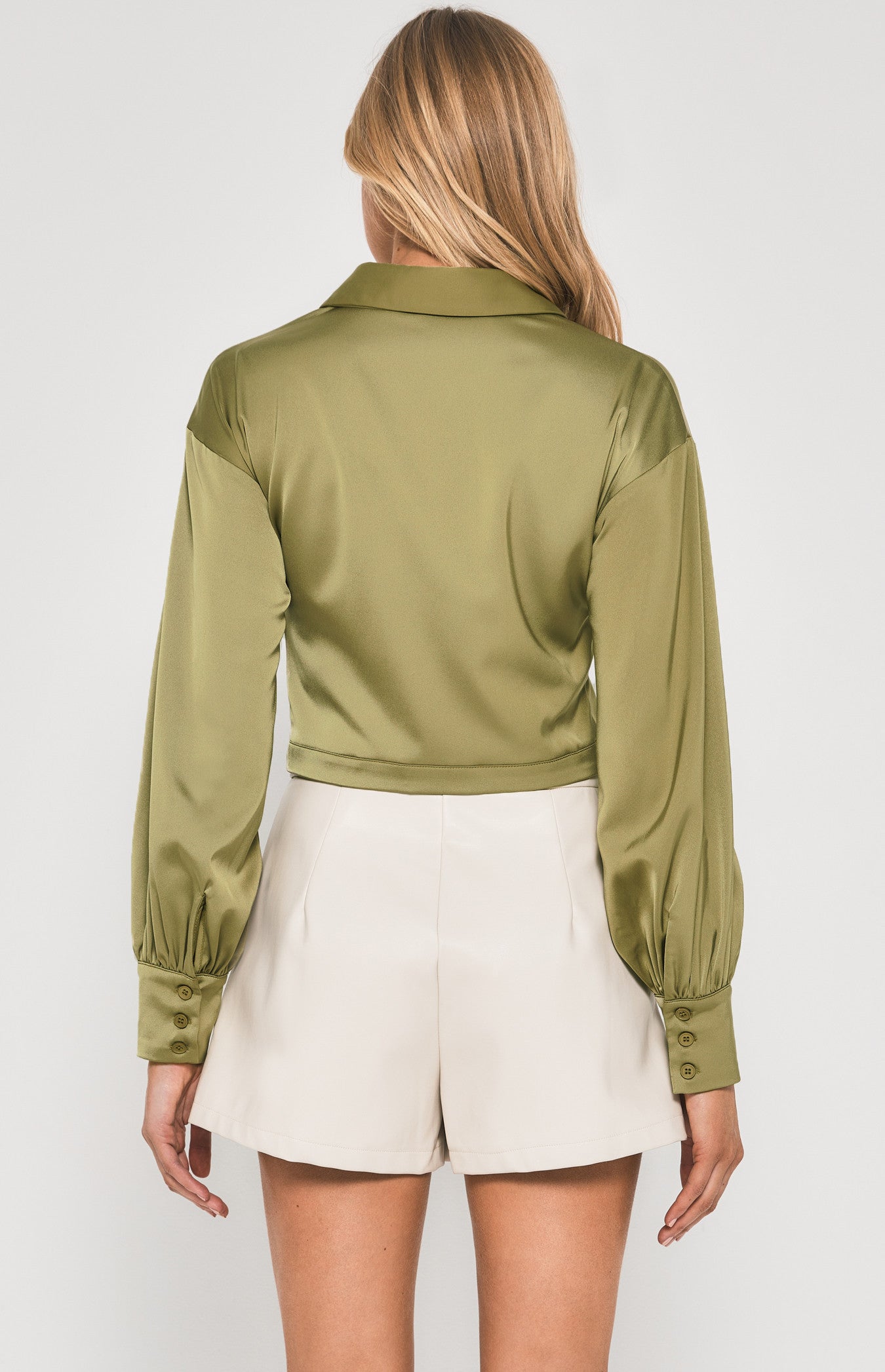 WINNIE & CO. Curved Hem Cropped Satin Shirt